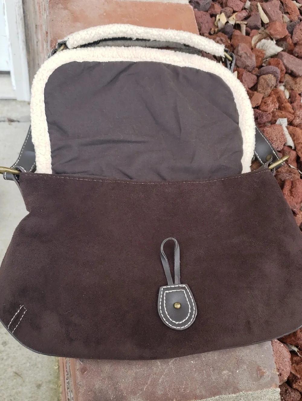 Old Navy Faux Leather Suede Sherpa Quilted Toggle Hobo Bag Y2K Brown Coquette